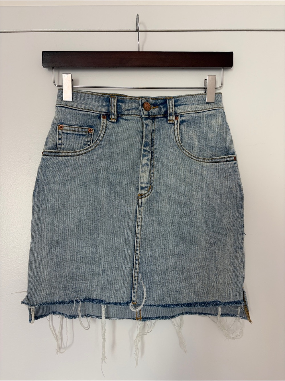 Wilfred Light Blue Denim Mini Skirt with Distressed Hem